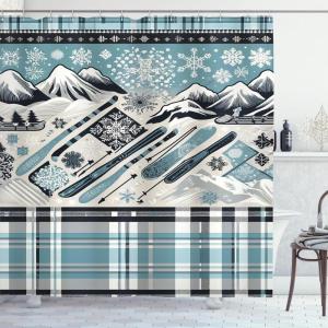 Ambesonne Christmas Shower Curtain, Tree with Tinsel and Ball with Present Wrap Ribbon Celebration Picture, Cloth Fabric Bathroom Decor Set with Hooks, 69″ W x 70″ L, Purple Grey(Blue Grey Eggshell White)