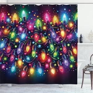 Ambesonne Christmas Shower Curtain, Tree with Tinsel and Ball with Present Wrap Ribbon Celebration Picture, Cloth Fabric Bathroom Decor Set with Hooks, 69″ W x 70″ L, Purple Grey(Dark Purple Multicolor)