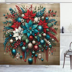 Ambesonne Christmas Shower Curtain, Tree with Tinsel and Ball with Present Wrap Ribbon Celebration Picture, Cloth Fabric Bathroom Decor Set with Hooks, 69″ W x 70″ L, Purple Grey(Dark Turquoise Ruby Sepia)