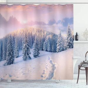Ambesonne Christmas Shower Curtain, Tree with Tinsel and Ball with Present Wrap Ribbon Celebration Picture, Cloth Fabric Bathroom Decor Set with Hooks, 69″ W x 70″ L, Purple Grey(Pale Pink)