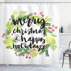 Ambesonne Christmas Shower Curtain, Tree with Tinsel and Ball with Present Wrap Ribbon Celebration Picture, Cloth Fabric Bathroom Decor Set with Hooks, 69″ W x 70″ L, Purple Grey(Green White)