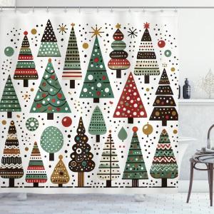 Ambesonne Christmas Shower Curtain, Tree with Tinsel and Ball with Present Wrap Ribbon Celebration Picture, Cloth Fabric Bathroom Decor Set with Hooks, 69″ W x 70″ L, Purple Grey(Jade Green White Paprika)