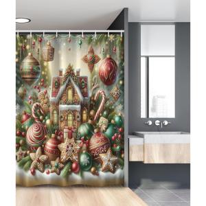 Ambesonne Christmas Stall Shower Curtain, Gingerbread House with Jumble Xmas Ornaments with Snowy Details, Fabric Bathroom Decor Set with Hooks, 54″ W x 78″ L, Green Brown and Dark Pink