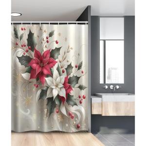 Ambesonne Christmas Stall Shower Curtain, Traditional Xmas with Poinsettia Flowers Ornate and Snowflakes, Fabric Bathroom Decor Set with Hooks, 54″ W x 78″ L, Pale Vermilion and Grey Teal