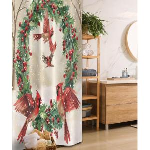 Ambesonne Christmas Stall Shower Curtain, Vintage Red Cardinal Birds and Xmas Wreath Ornate Snowy Visual, Fabric Bathroom Decor Set with Hooks, 36″ W x 72″ L, Dark Coral Green and Beige