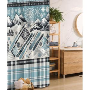 Ambesonne Christmas Stall Shower Curtain, Winter Snowflakes Ornate Mountain Range with Cold Tone Plaid Lines, Fabric Bathroom Decor Set with Hooks, 36″ W x 72″ L, Blue Grey Eggshell White