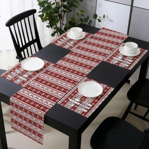 Ambesonne Christmas Table Runner & Placemats, Norwegian Scandinavian Traditional Vintage Style Borders Reindeer Striped Flower, Set for Dining Table Decor, Placemat 4 pcs + Runner 16″x72″, Red White