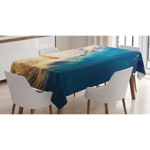 Ambesonne Christmas Tablecloth, Reindeer Rudolph with Red Nose and Santa Claus Hat Snowy Forest, Rectangular Table Cover for Dining Room Kitchen Decor, 60″ X 90″,Brown Blue(Yellow Teal)