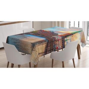 Ambesonne Christmas Tablecloth, Reindeer Rudolph with Red Nose and Santa Claus Hat Snowy Forest, Rectangular Table Cover for Dining Room Kitchen Decor, 60″ X 90″,Brown Blue(Red Blue)