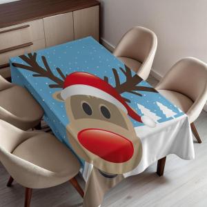 Ambesonne Christmas Tablecloth, Reindeer Rudolph with Red Nose and Santa Claus Hat Snowy Forest, Rectangular Table Cover for Dining Room Kitchen Decor, 60″ X 90″,Brown Blue(Brown Blue)