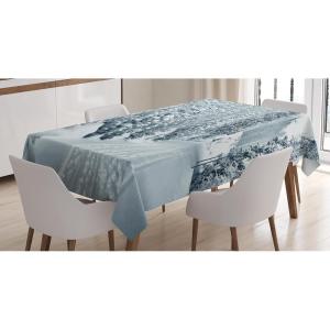 Ambesonne Christmas Tablecloth, Reindeer Rudolph with Red Nose and Santa Claus Hat Snowy Forest, Rectangular Table Cover for Dining Room Kitchen Decor, 60″ X 90″,Brown Blue(Grey Black)