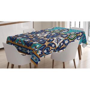 Ambesonne Christmas Tablecloth, Reindeer Rudolph with Red Nose and Santa Claus Hat Snowy Forest, Rectangular Table Cover for Dining Room Kitchen Decor, 60″ X 90″,Brown Blue(Navy Blue)