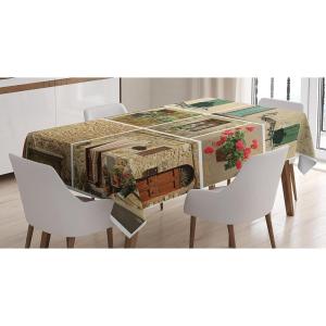 Ambesonne Christmas Tablecloth, Reindeer Rudolph with Red Nose and Santa Claus Hat Snowy Forest, Rectangular Table Cover for Dining Room Kitchen Decor, 60″ X 90″,Brown Blue(Pale Beige)
