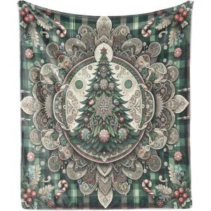 Ambesonne Christmas Throw Blanket, Traditional Xmas Pinecone and Leaves Ornate on Plaid Background Print, Flannel Fleece Accent Piece Soft Couch Cover for Adults, 50″ x 60″, Cocoa Brown Sage Green(Hunter Green Grey Coral)
