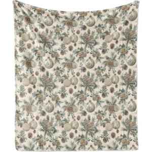 Ambesonne Christmas Throw Blanket, Traditional Xmas Pinecone and Leaves Ornate on Plaid Background Print, Flannel Fleece Accent Piece Soft Couch Cover for Adults, 50″ x 60″, Cocoa Brown Sage Green(Brown Green and Blue)