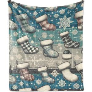 Ambesonne Christmas Throw Blanket, Traditional Xmas Pinecone and Leaves Ornate on Plaid Background Print, Flannel Fleece Accent Piece Soft Couch Cover for Adults, 50″ x 60″, Cocoa Brown Sage Green(Blue Dark Grey Off White)
