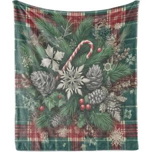 Ambesonne Christmas Throw Blanket, Traditional Xmas Pinecone and Leaves Ornate on Plaid Background Print, Flannel Fleece Accent Piece Soft Couch Cover for Adults, 50″ x 60″, Cocoa Brown Sage Green(Green Grey and Ruby)
