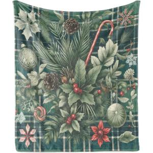 Ambesonne Christmas Throw Blanket, Traditional Xmas Pinecone and Leaves Ornate on Plaid Background Print, Flannel Fleece Accent Piece Soft Couch Cover for Adults, 50″ x 60″, Cocoa Brown Sage Green(Jade Green and Vermilion)