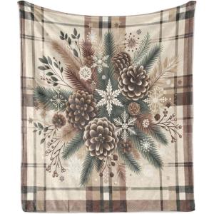 Ambesonne Christmas Throw Blanket, Traditional Xmas Pinecone and Leaves Ornate on Plaid Background Print, Flannel Fleece Accent Piece Soft Couch Cover for Adults, 50″ x 60″, Cocoa Brown Sage Green(Cocoa Brown Sage Green)