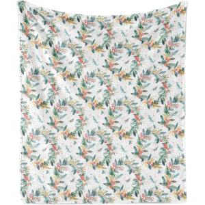 Ambesonne Christmas Throw Blanket, Traditional Xmas Pinecone and Leaves Ornate on Plaid Background Print, Flannel Fleece Accent Piece Soft Couch Cover for Adults, 50″ x 60″, Cocoa Brown Sage Green(Teal Coral and Mustard)