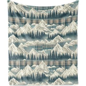 Ambesonne Christmas Throw Blanket, Traditional Xmas Pinecone and Leaves Ornate on Plaid Background Print, Flannel Fleece Accent Piece Soft Couch Cover for Adults, 50″ x 60″, Cocoa Brown Sage Green(Off White Teal Sepia)