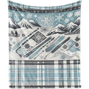 Ambesonne Christmas Throw Blanket, Traditional Xmas Pinecone and Leaves Ornate on Plaid Background Print, Flannel Fleece Accent Piece Soft Couch Cover for Adults, 50″ x 60″, Cocoa Brown Sage Green(Blue Grey Eggshell White)
