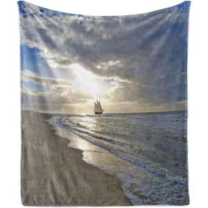 Ambesonne Christmas Throw Blanket, Xmas Eve Starry Night in Snowy Town with Starry Sky Reindeer and Moon, Flannel Fleece Accent Piece Soft Couch Cover for Adults, 70″ x 90″, Cocoa Dark Slate Blue(White Beige)