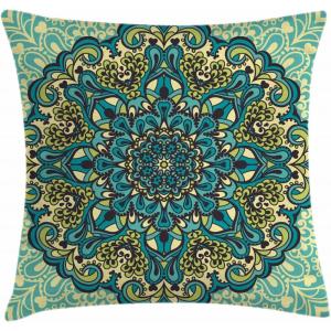 Ambesonne Christmas Throw Pillow Cushion Cover, Featured Xmas Baubles with Ribbon Holiday Wish Artwork Image Illustration, Decorative Square Accent Pillow Case, 20″ X 20″, White and Beige(Yellow Turquoise)