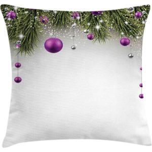 Ambesonne Christmas Throw Pillow Cushion Cover, Tree with Tinsel and Ball with Present Wrap Ribbon Celebration Picture, Decorative Square Accent Pillow Case, 18″ X 18″, Purple Grey