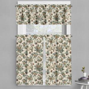 Ambesonne Christmas Valance and Curtain 3 pcs Set, Vintage Merry Xmas with Pine Cones Globes and Pine Leaves Illustration, Window Treatments for Kitchen Room Decor, 55″ x 24″, Brown Green and Blue