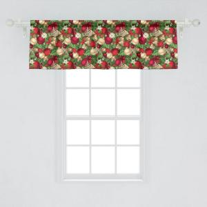 Ambesonne Christmas Window Valance Pack of 2, Tree Branches Spruce Leaves Balls Bells Cones Poinsettia Flowers Mistletoe Berry, Rod Pocket Curtain Valances for Kitchen Bedroom, 54″ X 18″, Ruby Green