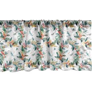 Ambesonne Christmas Window Valance, Tree Branches Spruce Leaves Balls Bells Cones Poinsettia Flowers Mistletoe Berry, Curtain Valance for Kitchen Bedroom Decor with Rod Pocket, 54″ X 18″, Ruby Green(Teal Coral and Mustard)