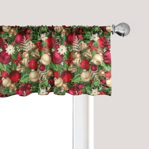 Ambesonne Christmas Window Valance, Tree Branches Spruce Leaves Balls Bells Cones Poinsettia Flowers Mistletoe Berry, Curtain Valance for Kitchen Bedroom Decor with Rod Pocket, 54″ X 18″, Ruby Green(Ruby Green)
