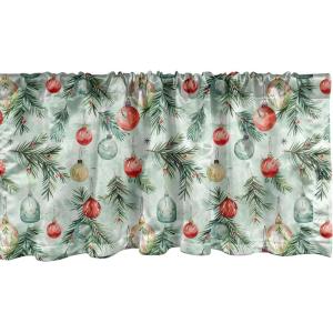 Ambesonne Christmas Window Valance, Tree Branches Spruce Leaves Balls Bells Cones Poinsettia Flowers Mistletoe Berry, Curtain Valance for Kitchen Bedroom Decor with Rod Pocket, 54″ X 18″, Ruby Green(Pale Mint Green and Vermilion)