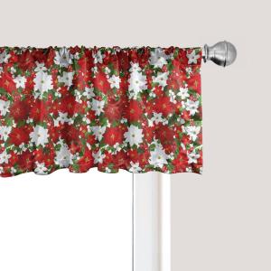 Ambesonne Christmas Window Valance, Tree Branches Spruce Leaves Balls Bells Cones Poinsettia Flowers Mistletoe Berry, Curtain Valance for Kitchen Bedroom Decor with Rod Pocket, 54″ X 18″, Ruby Green(White Red Green)