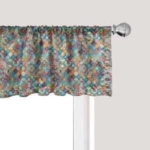 Ambesonne Christmas Window Valance, Tree Branches Spruce Leaves Balls Bells Cones Poinsettia Flowers Mistletoe Berry, Curtain Valance for Kitchen Bedroom Decor with Rod Pocket, 54″ X 18″, Ruby Green(Blue Cream)