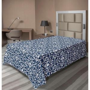 Ambesonne Damask Flat Sheet, Simple Design Neutral Colors Floral Boho Artwork on Darkened Backdrop, Soft Comfortable Top Sheet Decorative Bedding 1 Piece, California King, Charcoal Grey Grey Teal(Cobalt Blue and White)