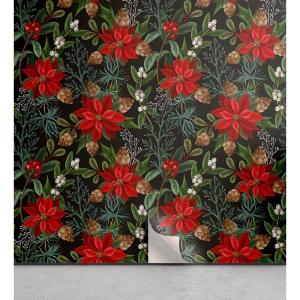 Ambesonne Floral Peel & Stick Wallpaper for Home, Christmas Traditional Flower Poinsettia Arrangement with Pinecones Print, Self-Adhesive Living Room Kitchen Accent, 13″ x 36″, Dark Coral Green Cocoa(Dark Coral Green Cocoa)
