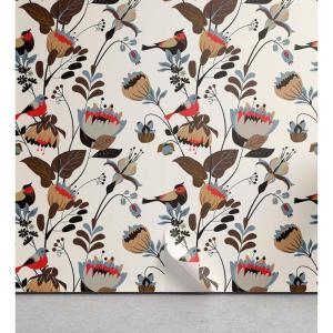 Ambesonne Floral Peel & Stick Wallpaper for Home, Christmas Traditional Flower Poinsettia Arrangement with Pinecones Print, Self-Adhesive Living Room Kitchen Accent, 13″ x 36″, Dark Coral Green Cocoa(Pale Eggshell Vermilion)