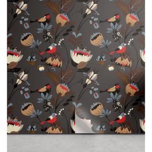 Ambesonne Floral Peel & Stick Wallpaper for Home, Christmas Traditional Flower Poinsettia Arrangement with Pinecones Print, Self-Adhesive Living Room Kitchen Accent, 13″ x 36″, Dark Coral Green Cocoa(Dark Taupe Grey Vermilion)