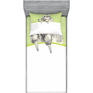 Ambesonne Gnome Fitted Sheet & Pillow Sham Set, Elf Tomte Standing on Snow on The Winter Finnish Christmas Theme, Decorative Printed 3 Piece Bedding Decor Set, Queen, Mint Green Pale Blue(Pistachio Green Black)