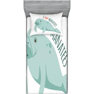 Ambesonne Gnome Fitted Sheet & Pillow Sham Set, Elf Tomte Standing on Snow on The Winter Finnish Christmas Theme, Decorative Printed 3 Piece Bedding Decor Set, Queen, Mint Green Pale Blue(Mint Green)
