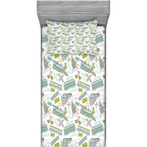 Ambesonne Gnome Fitted Sheet & Pillow Sham Set, Elf Tomte Standing on Snow on The Winter Finnish Christmas Theme, Decorative Printed 3 Piece Bedding Decor Set, Queen, Mint Green Pale Blue(Apple Green Turquoise)