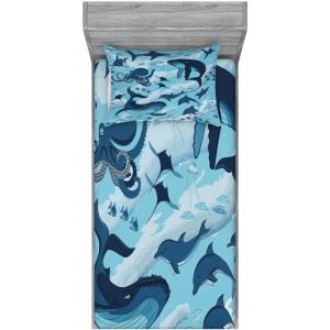 Ambesonne Gnome Fitted Sheet & Pillow Sham Set, Elf Tomte Standing on Snow on The Winter Finnish Christmas Theme, Decorative Printed 3 Piece Bedding Decor Set, Queen, Mint Green Pale Blue(Royal Blue)
