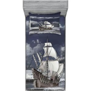 Ambesonne Gnome Fitted Sheet & Pillow Sham Set, Elf Tomte Standing on Snow on The Winter Finnish Christmas Theme, Decorative Printed 3 Piece Bedding Decor Set, Queen, Mint Green Pale Blue(Blue Grey Pale Grey)