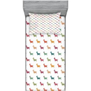 Ambesonne Gnome Fitted Sheet & Pillow Sham Set, Elf Tomte Standing on Snow on The Winter Finnish Christmas Theme, Decorative Printed 3 Piece Bedding Decor Set, Queen, Mint Green Pale Blue(Plum Orange)