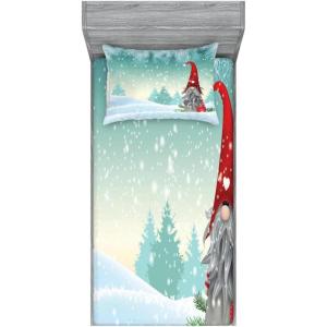 Ambesonne Gnome Fitted Sheet & Pillow Sham Set, Elf Tomte Standing on Snow on The Winter Finnish Christmas Theme, Decorative Printed 3 Piece Bedding Decor Set, Queen, Mint Green Pale Blue(Mint Green Pale Blue)