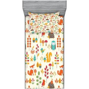 Ambesonne Gnome Fitted Sheet & Pillow Sham Set, Elf Tomte Standing on Snow on The Winter Finnish Christmas Theme, Decorative Printed 3 Piece Bedding Decor Set, Queen, Mint Green Pale Blue(Cream Orange)
