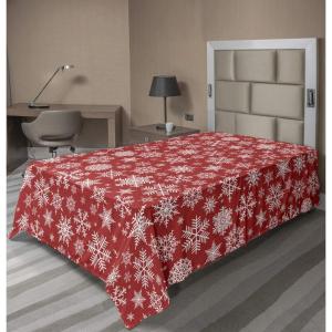 Ambesonne Holiday Flat Sheet, Various Different Snowflakes with Rich Details Christmas Season in Wintertime, Soft Comfortable Top Sheet Decorative Bedding 1 Piece, Queen Size, White and Vermilion(White and Vermilion)