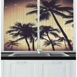 Ambesonne Kitchen Decor Collection, Sunset View on The Beach Shore Waves Surf Modern Home Decor Rocks Boats Sea Scenery, Window Treatments for Kitchen Curtains 2 Panels, 55X39 Inches, Blue Orange(Sepia Grey)